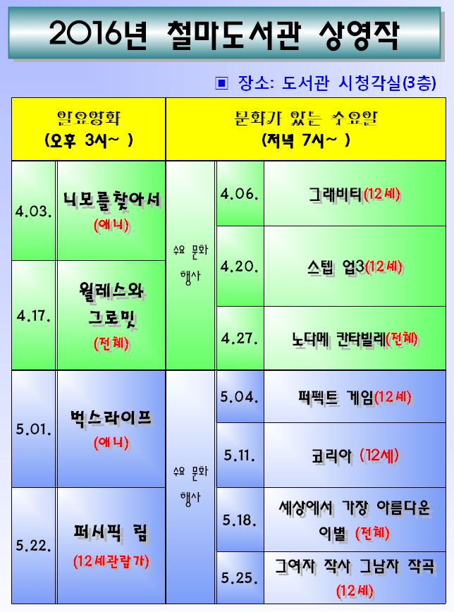 『4~5월 일요영화 & 문화가 있는 수요일 상영작』안내 첨부이미지 : 2016년 철마도서관 상영작.JPG