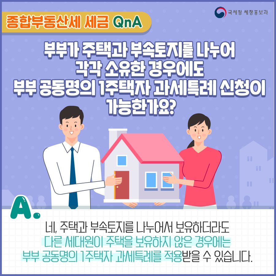 (국세청]Q. 부부가 주택과 부속토지를 나누어 각각 소유한 경우에도 부부 공동명의 1주택자 과세특례 신청이 가능한가요? 이미지