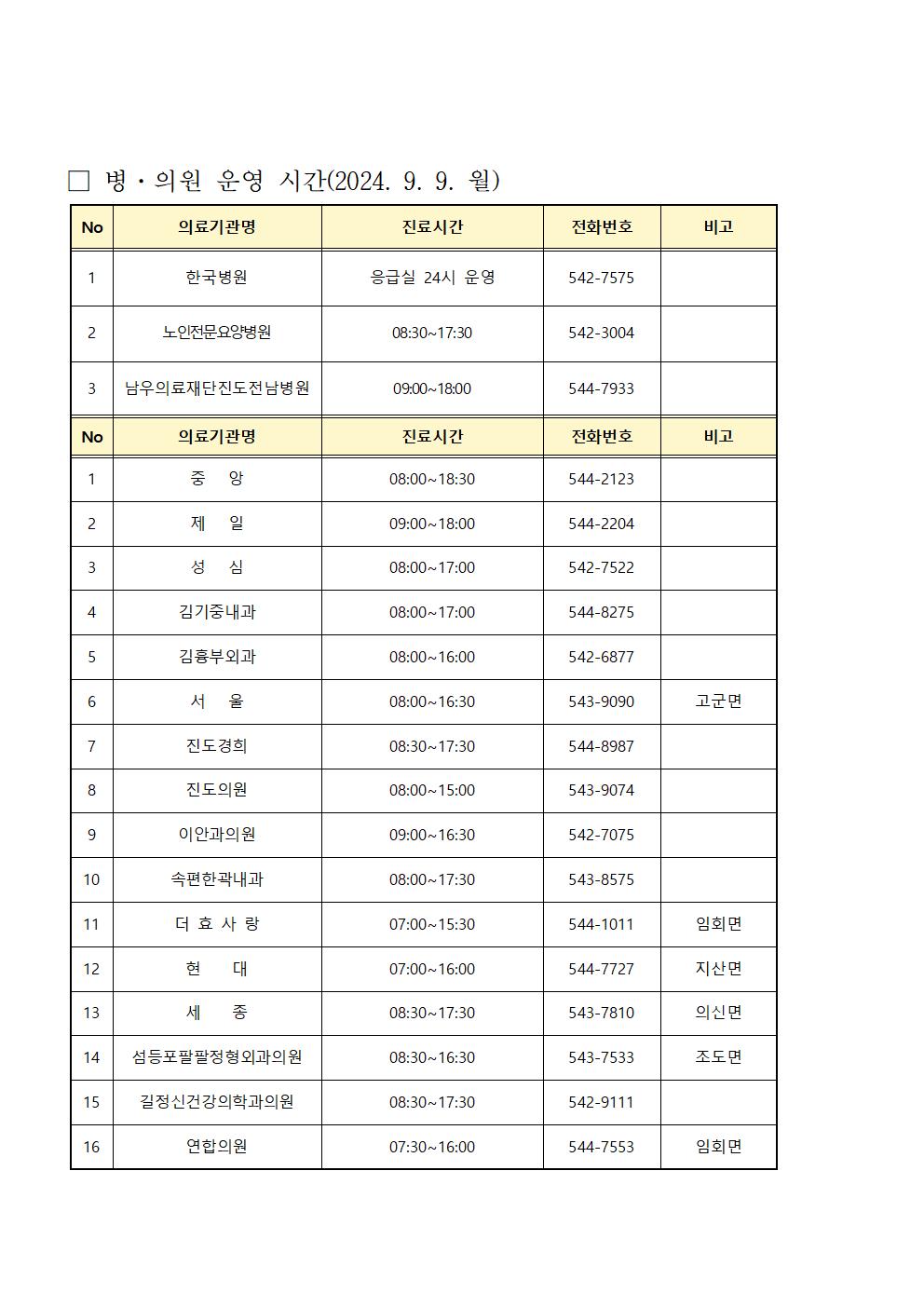 2024. 9. 9.(월) ~ 9. 10.(화) 병의원 운영시간 안내 첨부#1