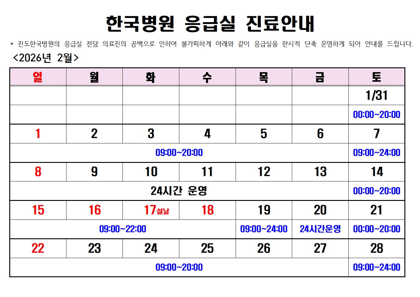 2026년 2월 진도한국병원 응급실 운영시간 및 관외 응급실 운영기관 현황 첨부#1