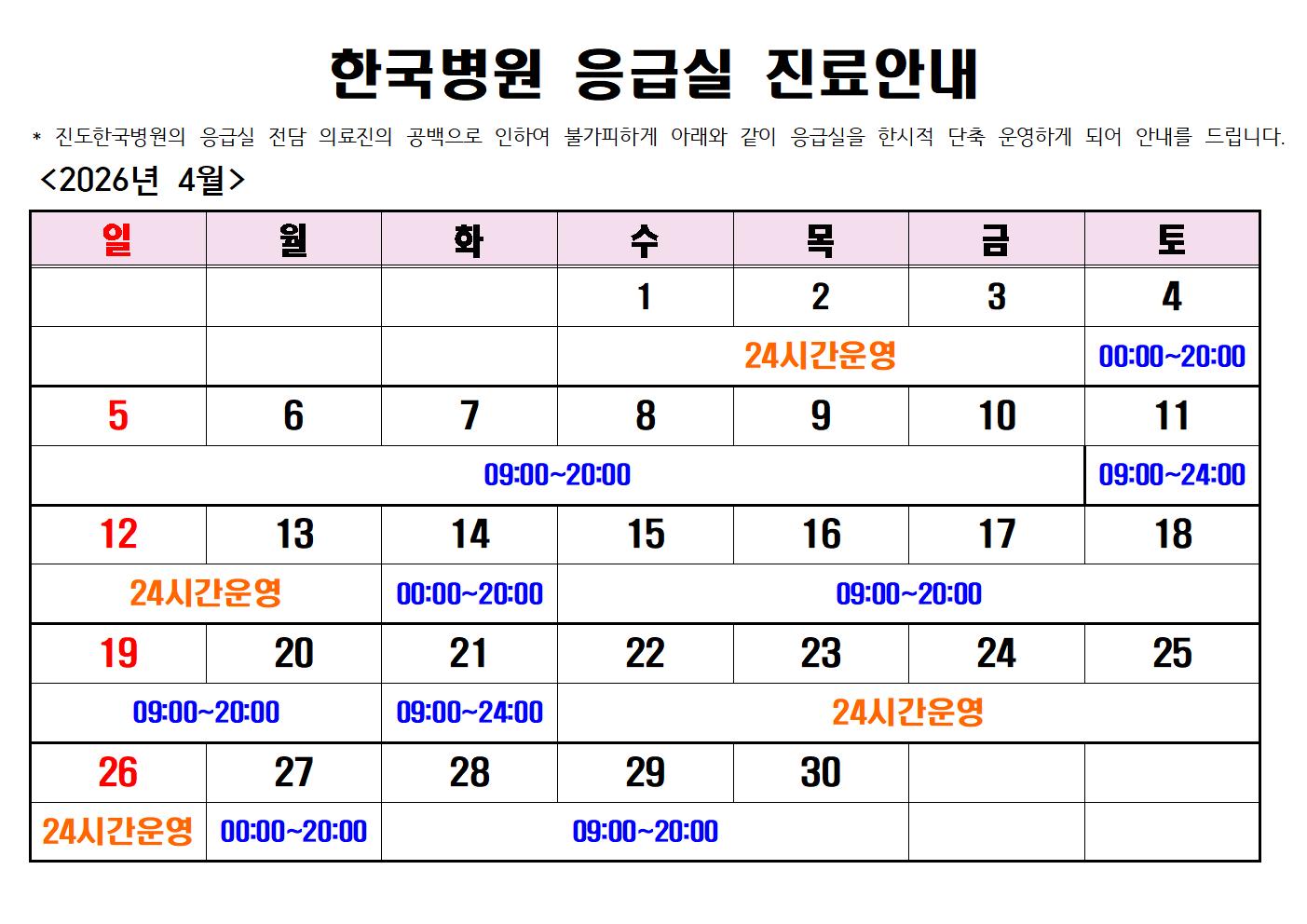 2026년 4월 진도한국병원 응급실 운영시간 및 관외 응급실 운영기관 현황 첨부#1